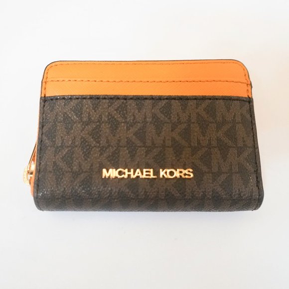 Michael Kors JST Card Case Wallet MK Brown Yellow - Picture 1 of 8